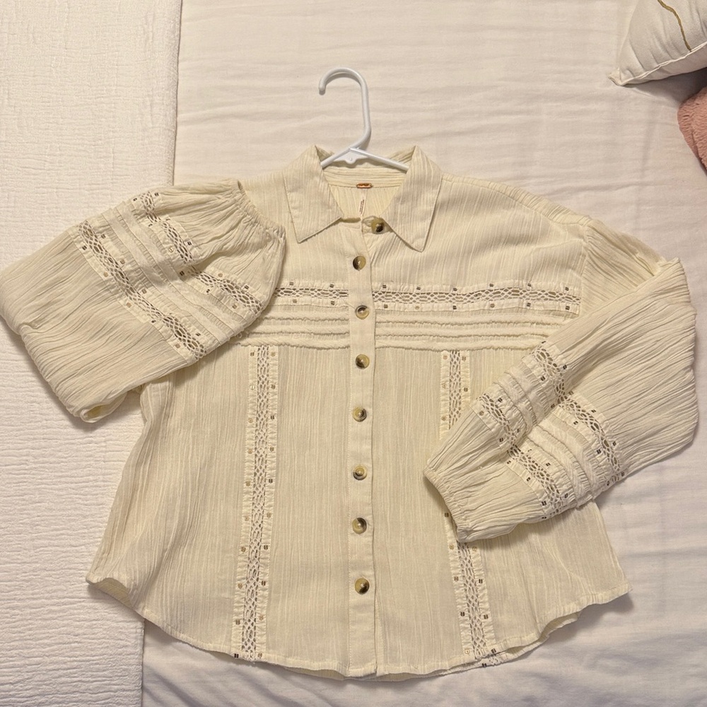 Free People Cream Button-Down Shirt with Lace Accents